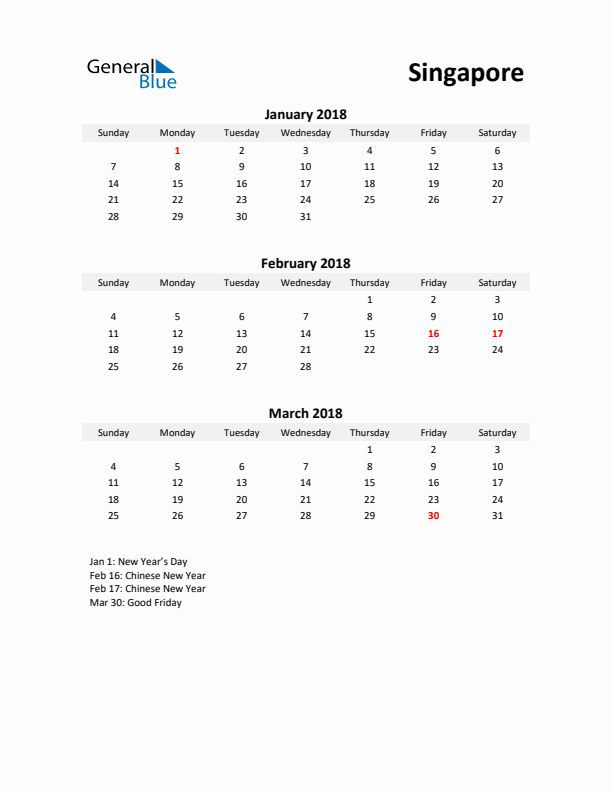 Printable Quarterly Calendar with Notes and Singapore Holidays- Q1 of 2018