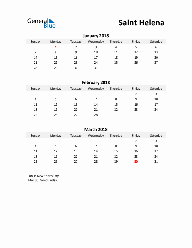 Printable Quarterly Calendar with Notes and Saint Helena Holidays- Q1 of 2018