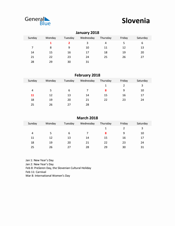 Printable Quarterly Calendar with Notes and Slovenia Holidays- Q1 of 2018