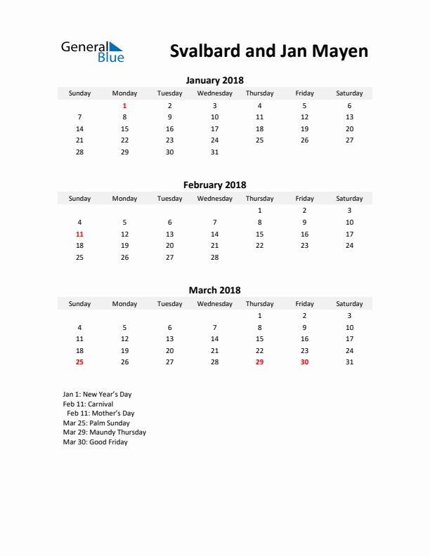 Printable Quarterly Calendar with Notes and Svalbard and Jan Mayen Holidays- Q1 of 2018