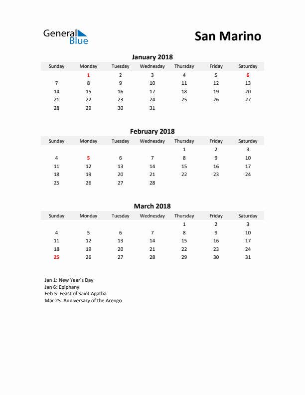 Printable Quarterly Calendar with Notes and San Marino Holidays- Q1 of 2018