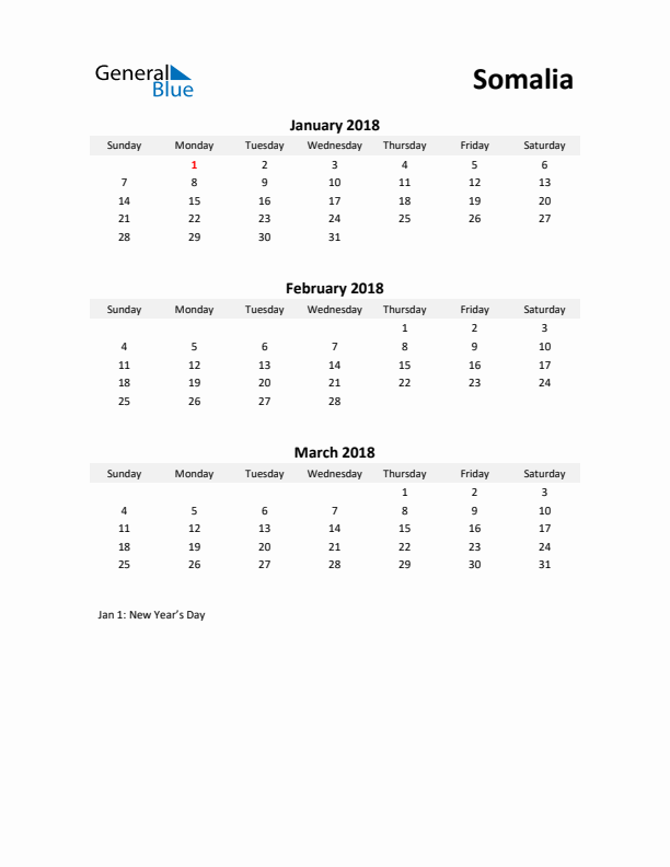 Printable Quarterly Calendar with Notes and Somalia Holidays- Q1 of 2018