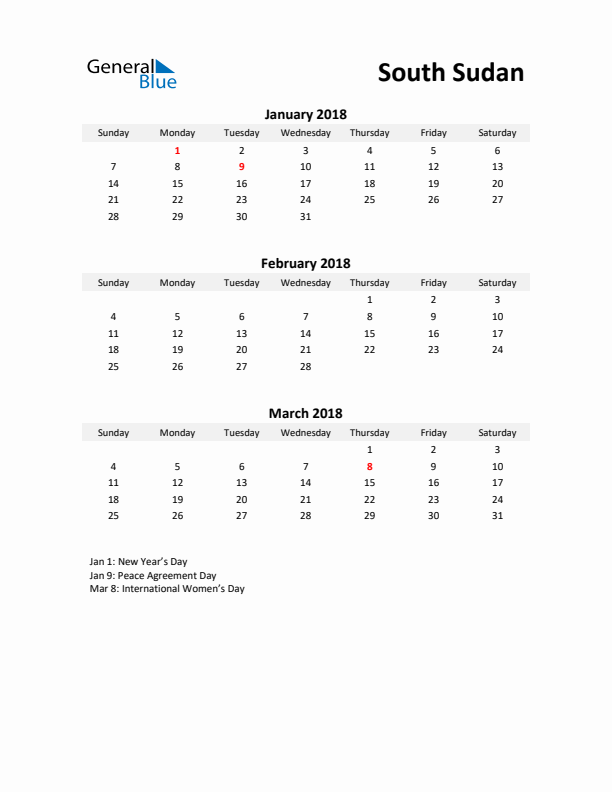 Printable Quarterly Calendar with Notes and South Sudan Holidays- Q1 of 2018