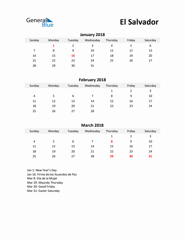 Printable Quarterly Calendar with Notes and El Salvador Holidays- Q1 of 2018