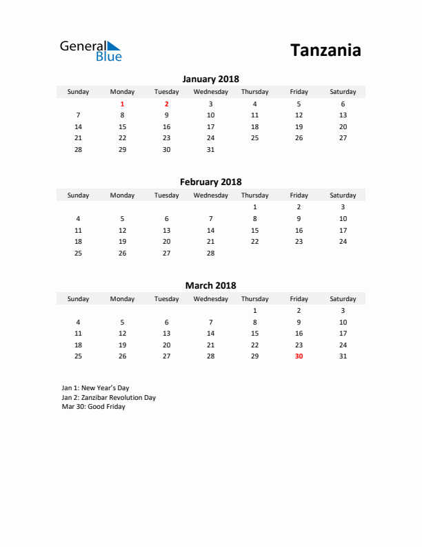 Printable Quarterly Calendar with Notes and Tanzania Holidays- Q1 of 2018