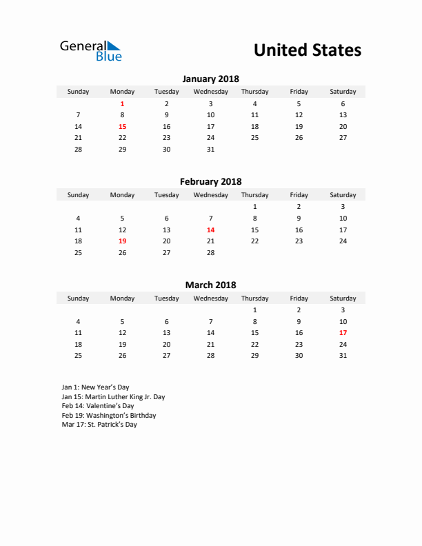 Printable Quarterly Calendar with Notes and United States Holidays- Q1 of 2018