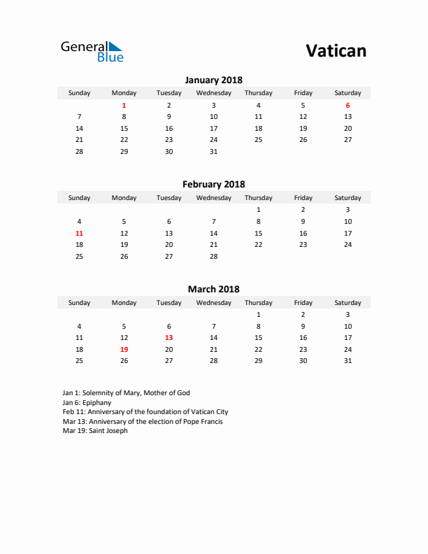 Printable Quarterly Calendar with Notes and Vatican Holidays- Q1 of 2018