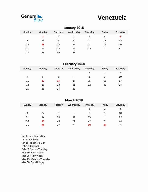 Printable Quarterly Calendar with Notes and Venezuela Holidays- Q1 of 2018