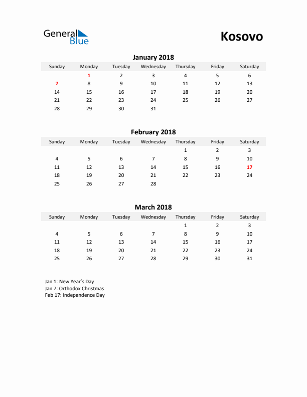 Printable Quarterly Calendar with Notes and Kosovo Holidays- Q1 of 2018