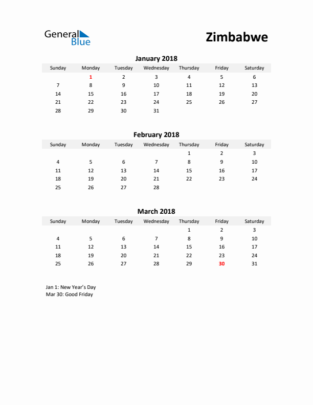 Printable Quarterly Calendar with Notes and Zimbabwe Holidays- Q1 of 2018