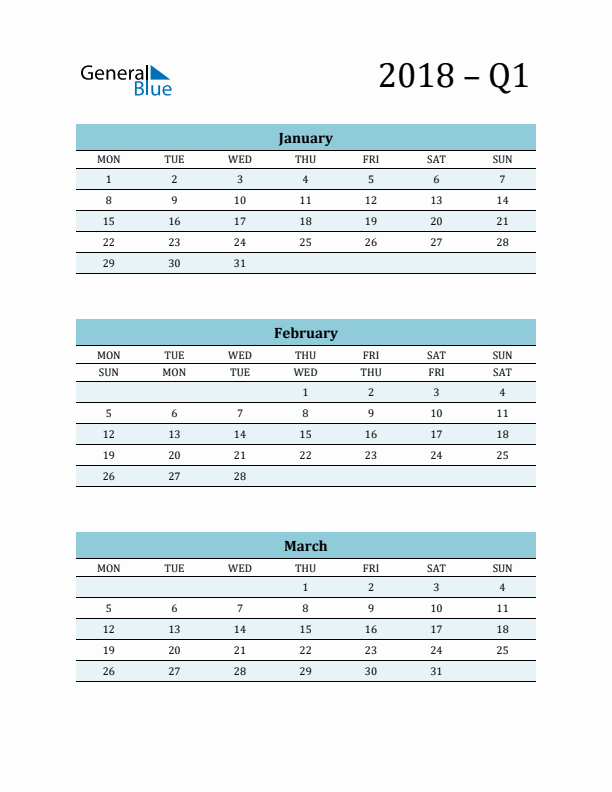 January, February, and March 2018 Calendar