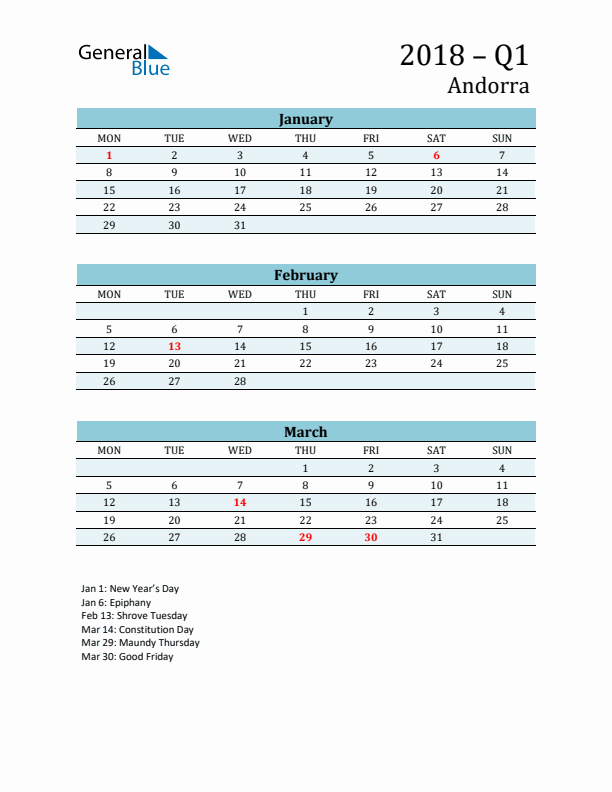 Three-Month Planner for Q1 2018 with Holidays - Andorra