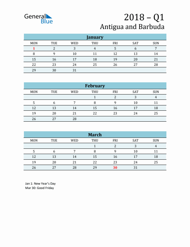 Three-Month Planner for Q1 2018 with Holidays - Antigua and Barbuda