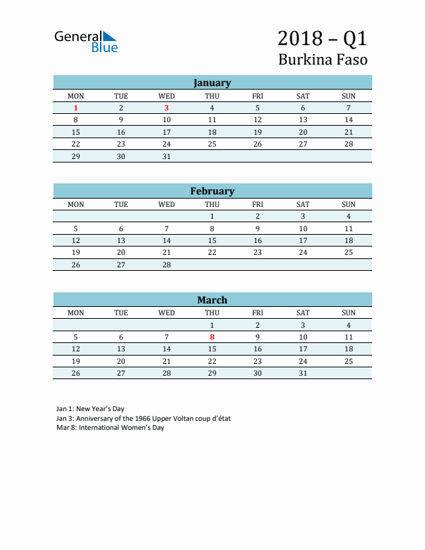 Three-Month Planner for Q1 2018 with Holidays - Burkina Faso