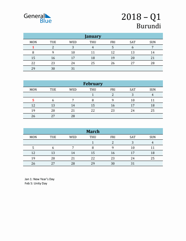 Three-Month Planner for Q1 2018 with Holidays - Burundi