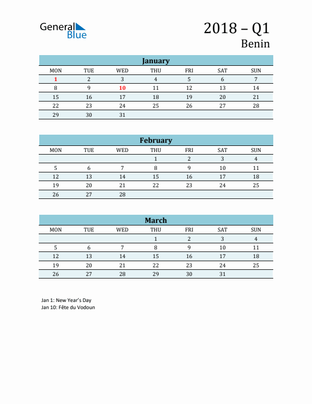 Three-Month Planner for Q1 2018 with Holidays - Benin