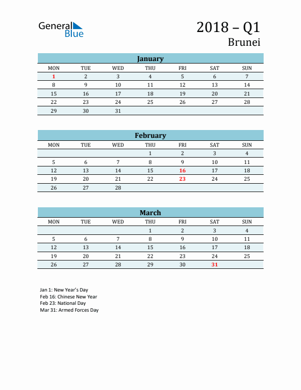 Three-Month Planner for Q1 2018 with Holidays - Brunei