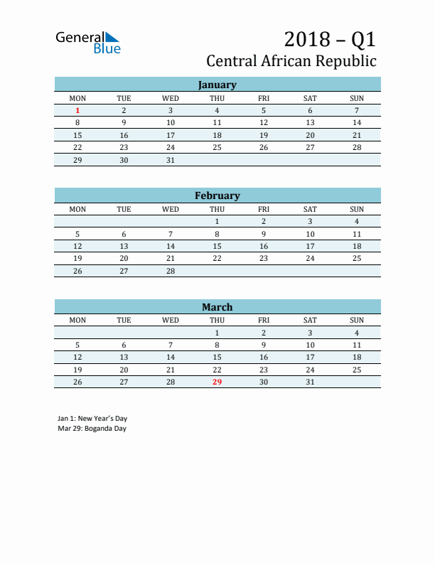 Three-Month Planner for Q1 2018 with Holidays - Central African Republic