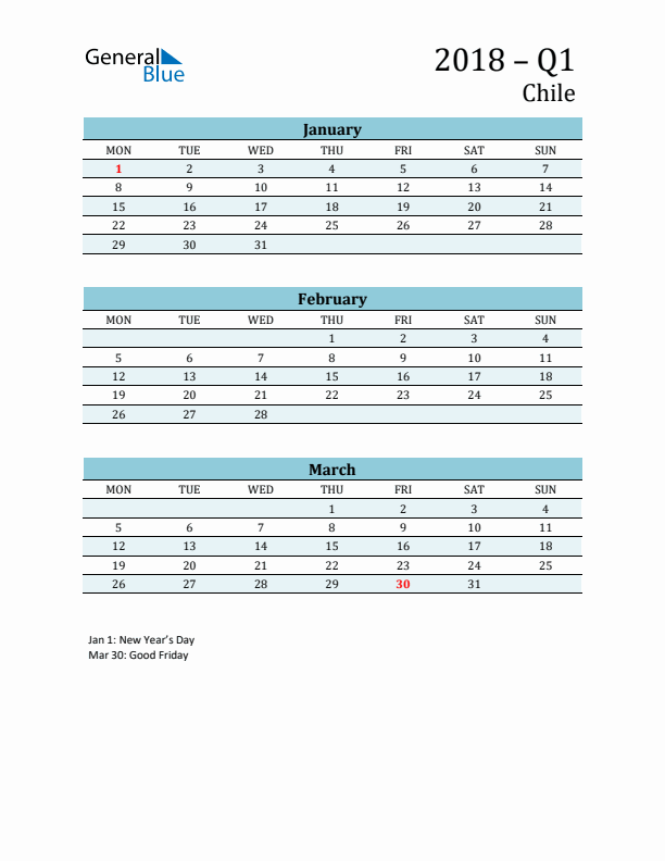 Three-Month Planner for Q1 2018 with Holidays - Chile