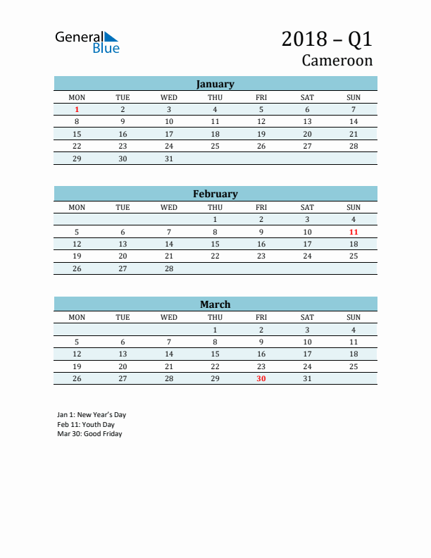 Three-Month Planner for Q1 2018 with Holidays - Cameroon