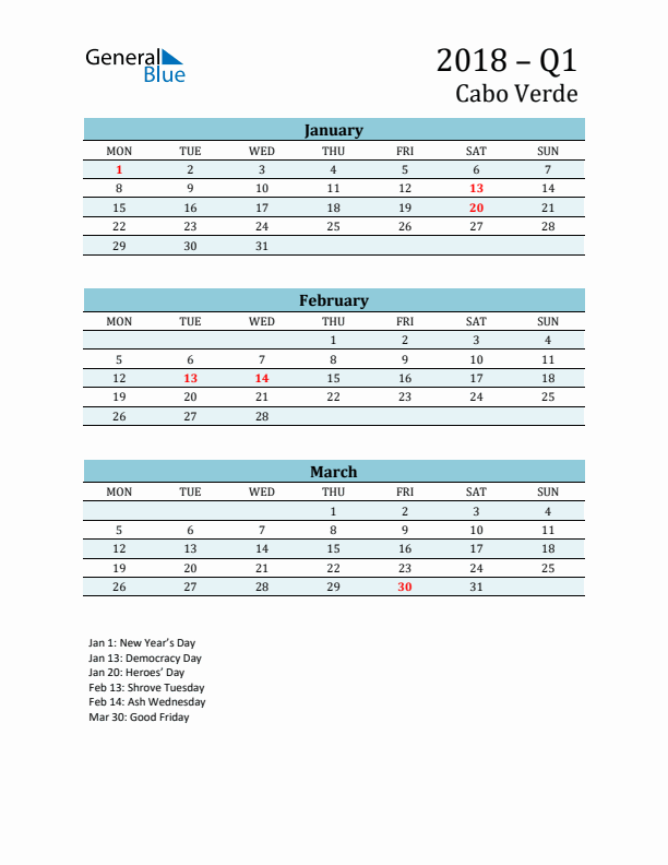 Three-Month Planner for Q1 2018 with Holidays - Cabo Verde