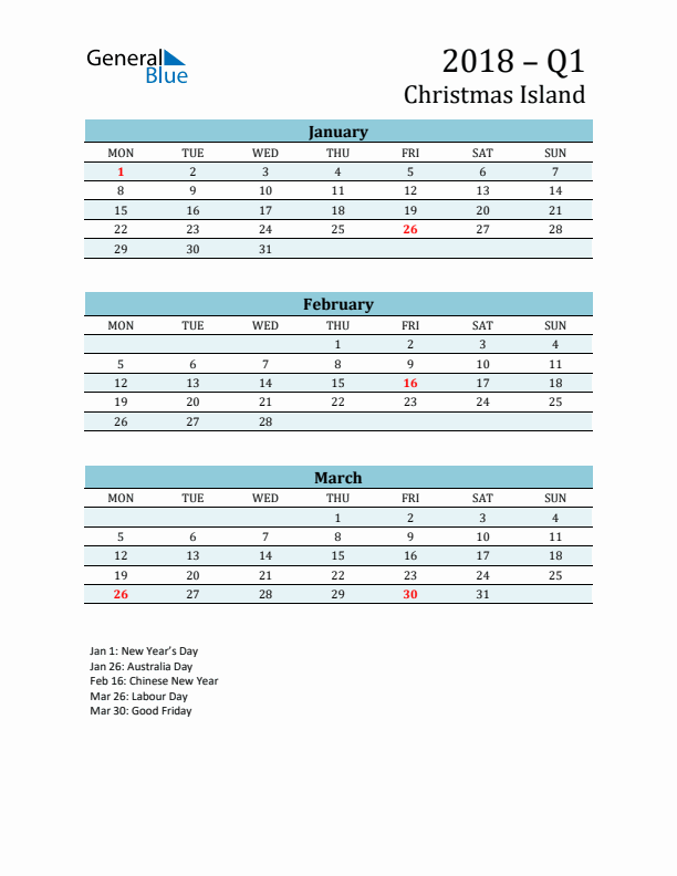 Three-Month Planner for Q1 2018 with Holidays - Christmas Island