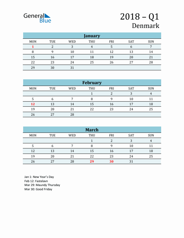 Three-Month Planner for Q1 2018 with Holidays - Denmark