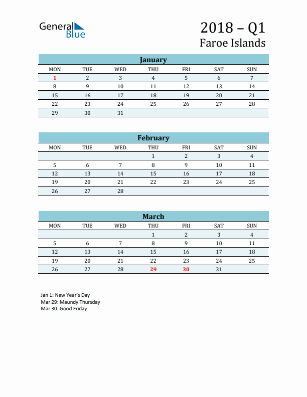 Three-Month Planner for Q1 2018 with Holidays - Faroe Islands