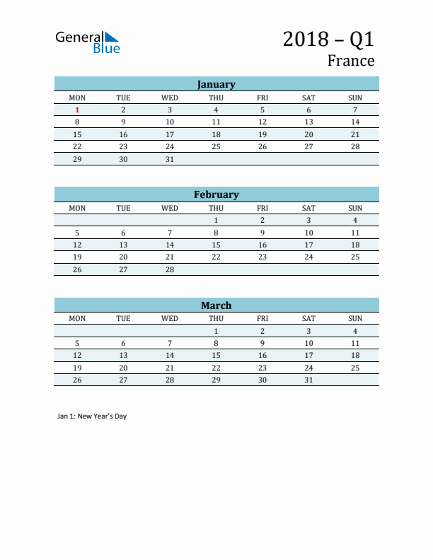 Three-Month Planner for Q1 2018 with Holidays - France