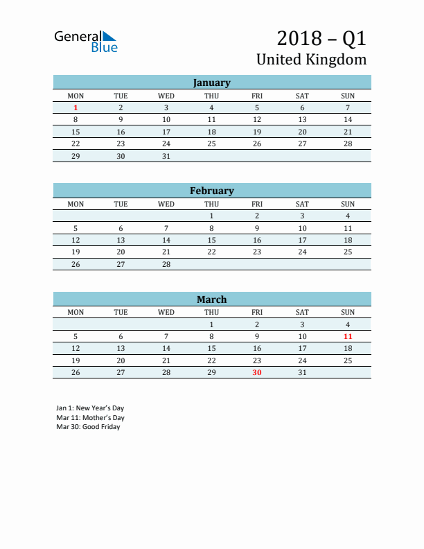 Three-Month Planner for Q1 2018 with Holidays - United Kingdom