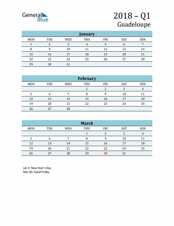 Three-Month Planner for Q1 2018 with Holidays - Guadeloupe