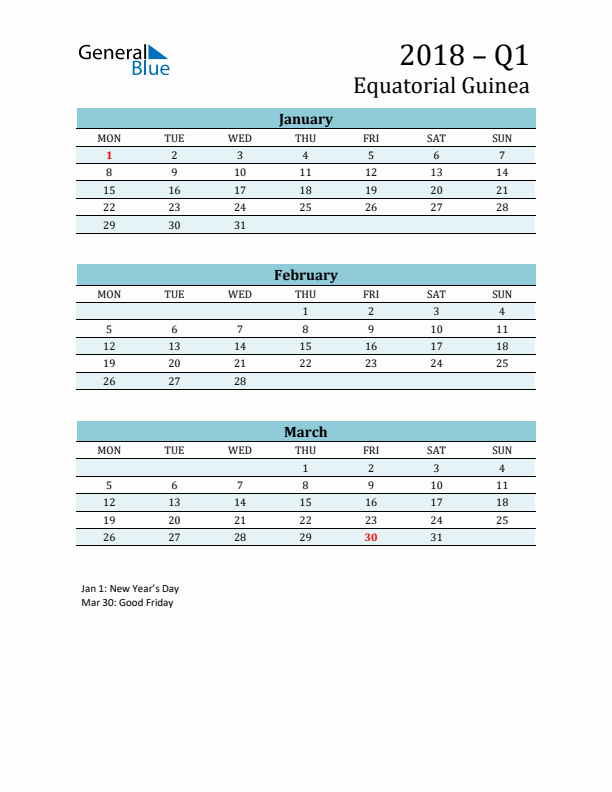 Three-Month Planner for Q1 2018 with Holidays - Equatorial Guinea