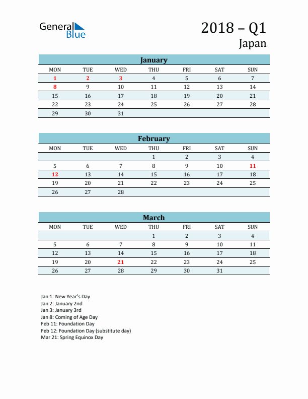 Three-Month Planner for Q1 2018 with Holidays - Japan