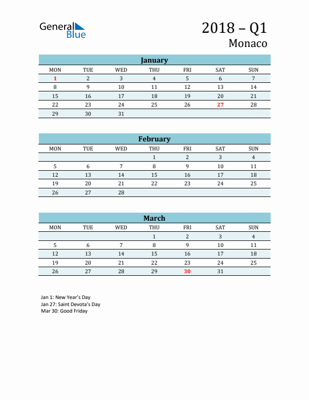 Three-Month Planner for Q1 2018 with Holidays - Monaco