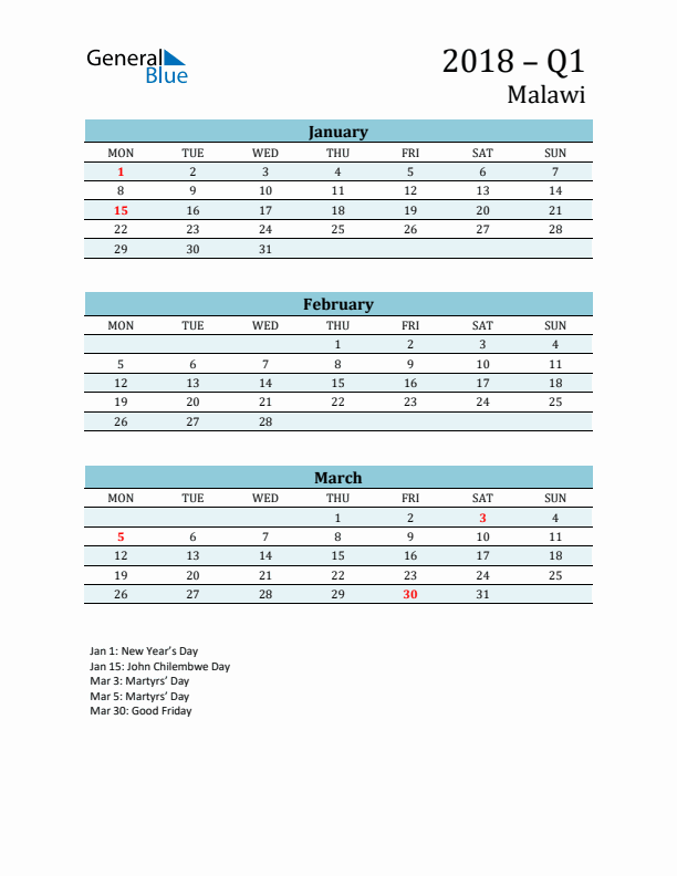 Three-Month Planner for Q1 2018 with Holidays - Malawi