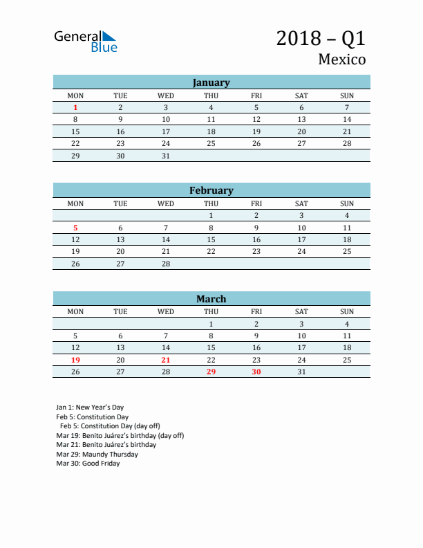 Three-Month Planner for Q1 2018 with Holidays - Mexico