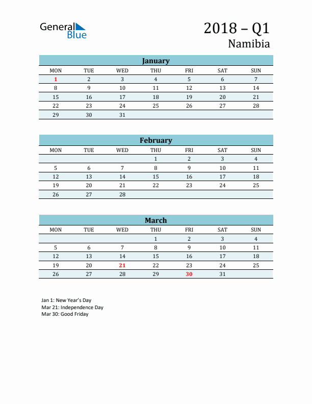 Three-Month Planner for Q1 2018 with Holidays - Namibia