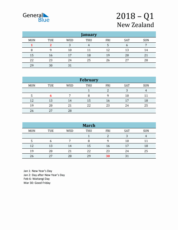 Three-Month Planner for Q1 2018 with Holidays - New Zealand