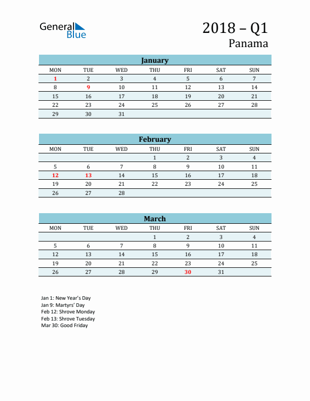 Three-Month Planner for Q1 2018 with Holidays - Panama