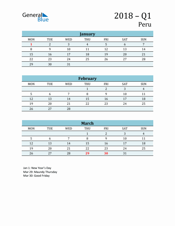 Three-Month Planner for Q1 2018 with Holidays - Peru