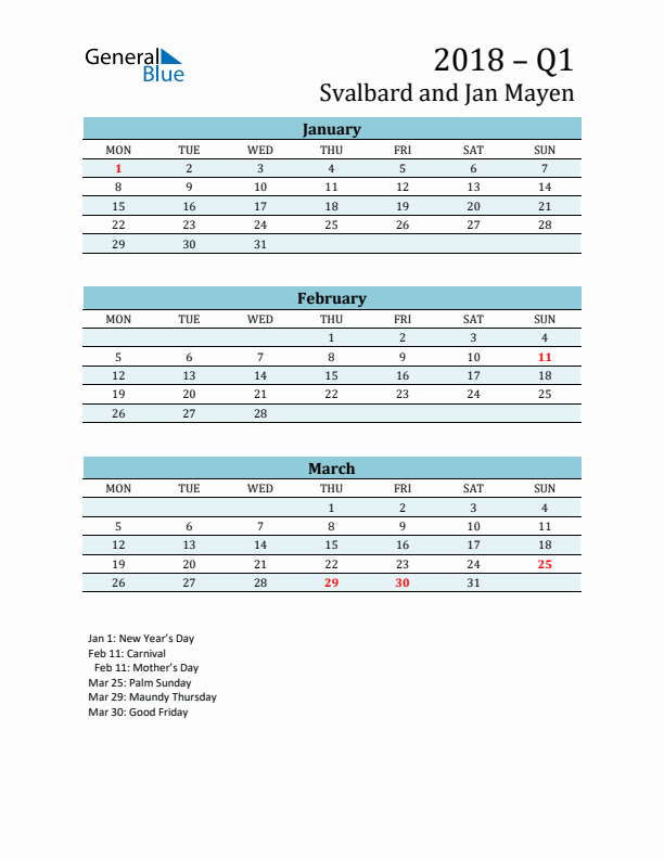 Three-Month Planner for Q1 2018 with Holidays - Svalbard and Jan Mayen