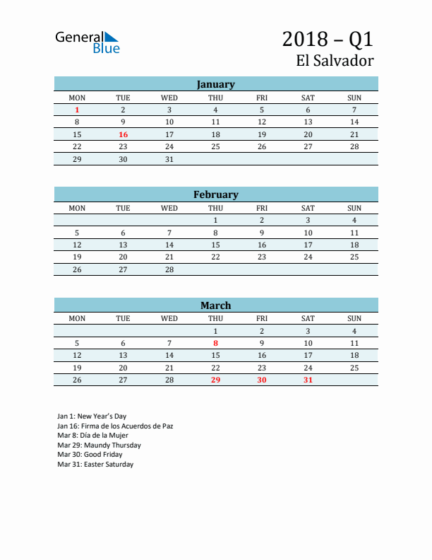 Three-Month Planner for Q1 2018 with Holidays - El Salvador