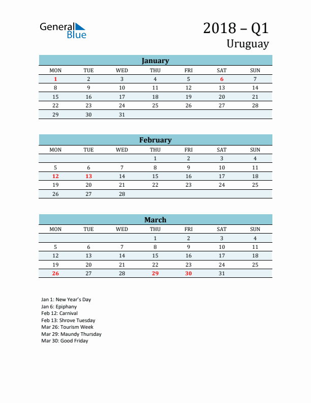 Three-Month Planner for Q1 2018 with Holidays - Uruguay