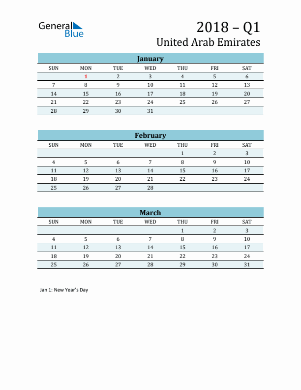 Three-Month Planner for Q1 2018 with Holidays - United Arab Emirates