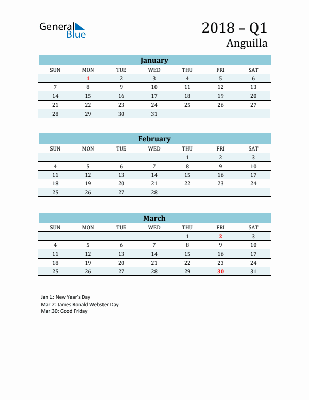 Three-Month Planner for Q1 2018 with Holidays - Anguilla