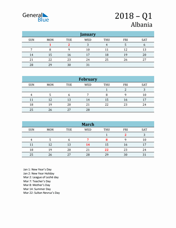 Three-Month Planner for Q1 2018 with Holidays - Albania