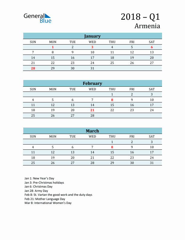 Three-Month Planner for Q1 2018 with Holidays - Armenia