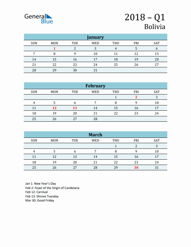 Three-Month Planner for Q1 2018 with Holidays - Bolivia