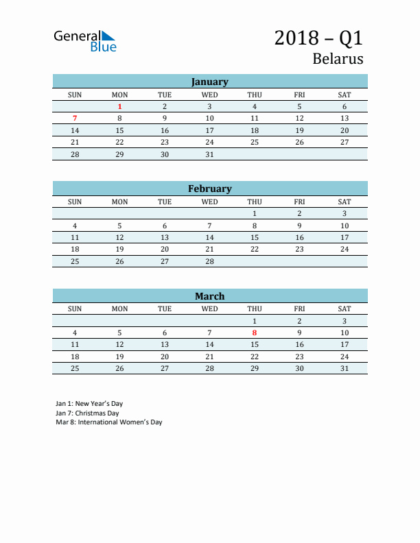 Three-Month Planner for Q1 2018 with Holidays - Belarus