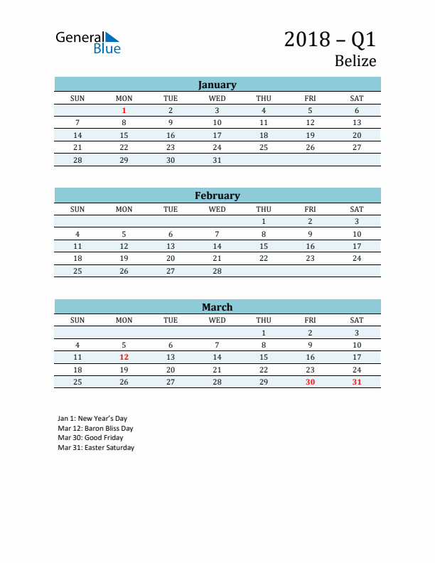 Three-Month Planner for Q1 2018 with Holidays - Belize